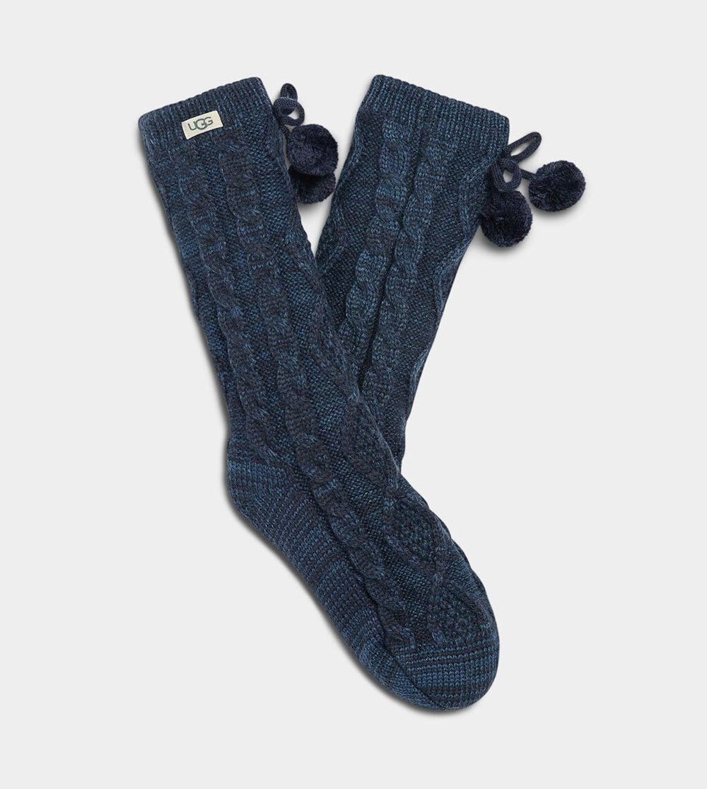 Ugg Pom Pom Fleece Lined Crew - Womens Socks - Navy - NZ (1436WDNGM)